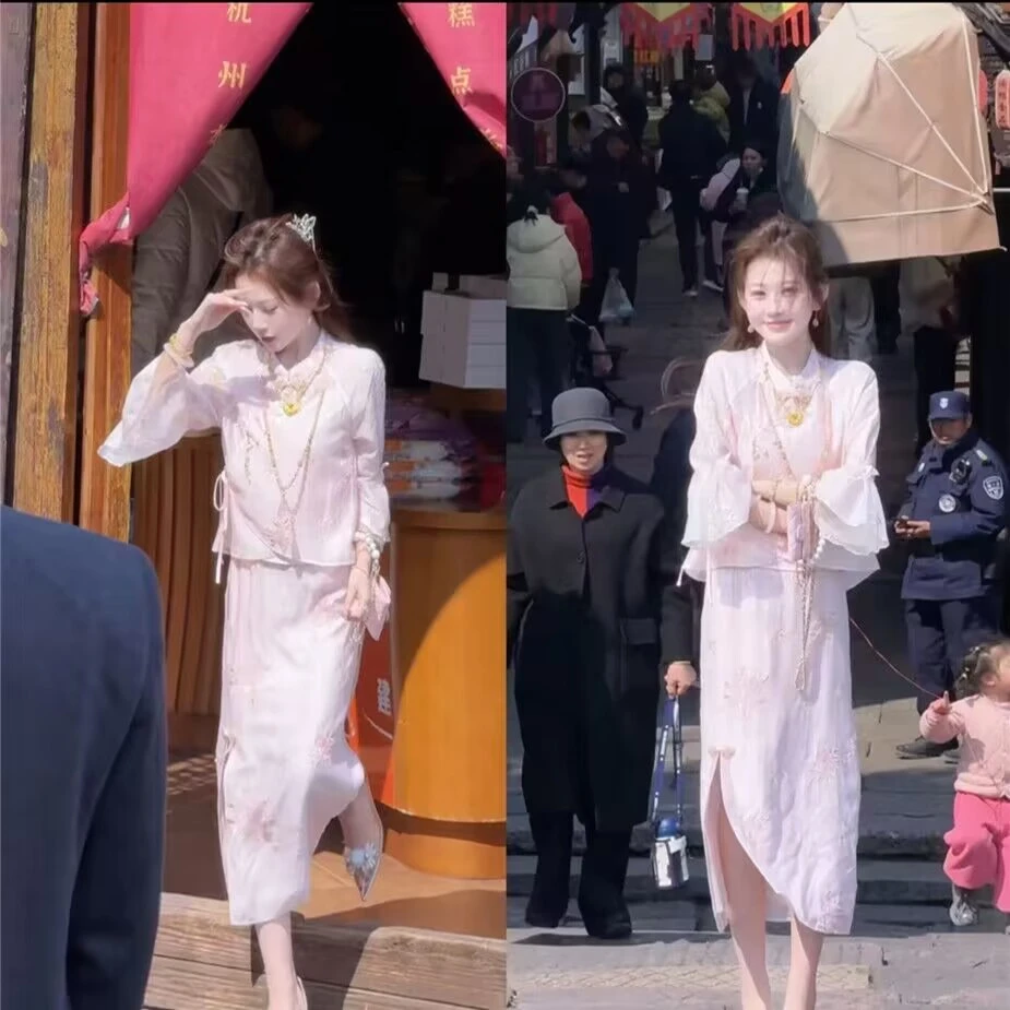 刺绣粉色中式套装气质网红时尚休闲中国风设计师重工民族风两件套