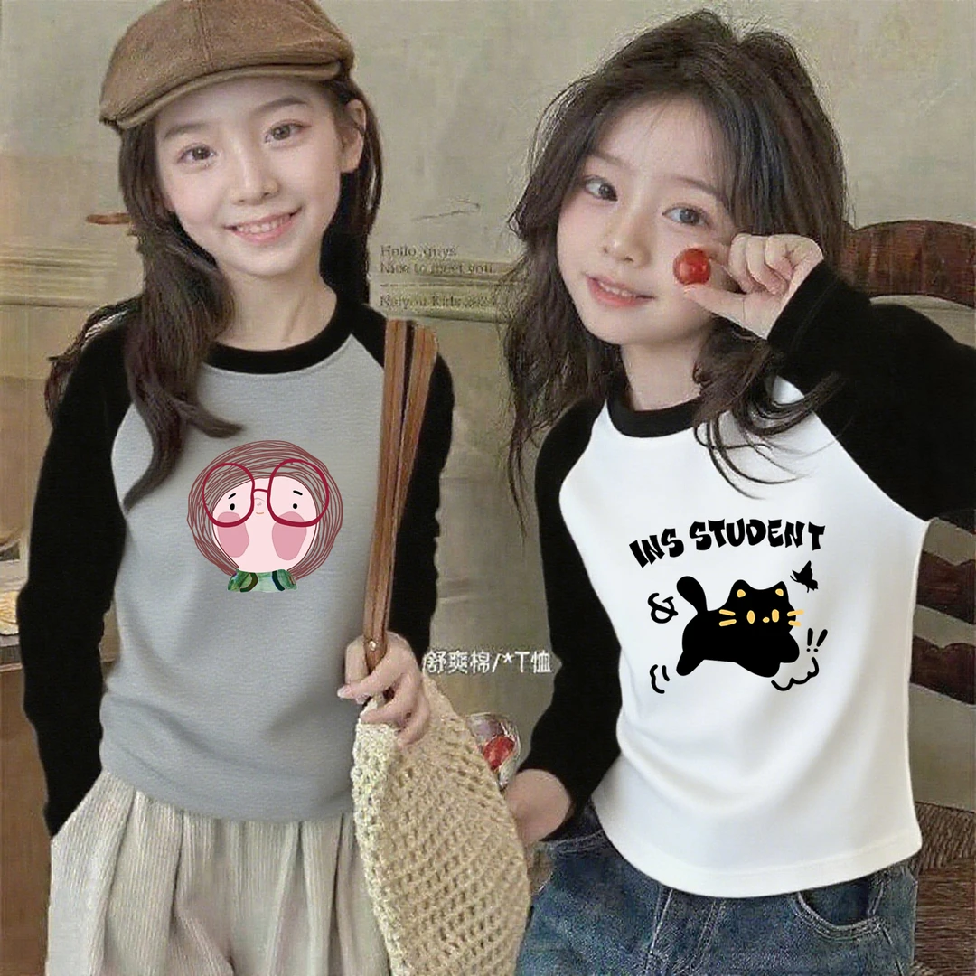 2025年新款儿童长袖纯棉T恤春秋款女童洋气百搭上衣中大童打底衫