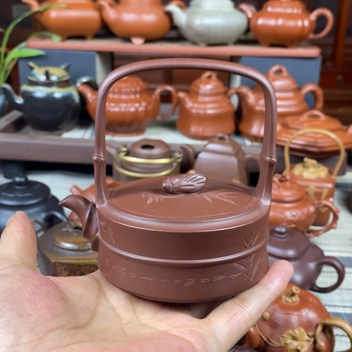 茶壶紫砂竹节提梁180cc原矿老紫泥特价