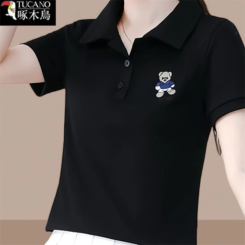 啄木鸟新款韩版时尚减龄刺绣t恤2025年夏季薄款纽扣POLO领上衣女
