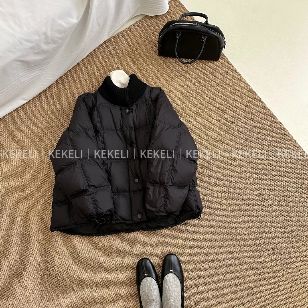 KEKELI 韩版针织拼接立领羽绒服女2025冬百搭黑色短款白鸭绒外套