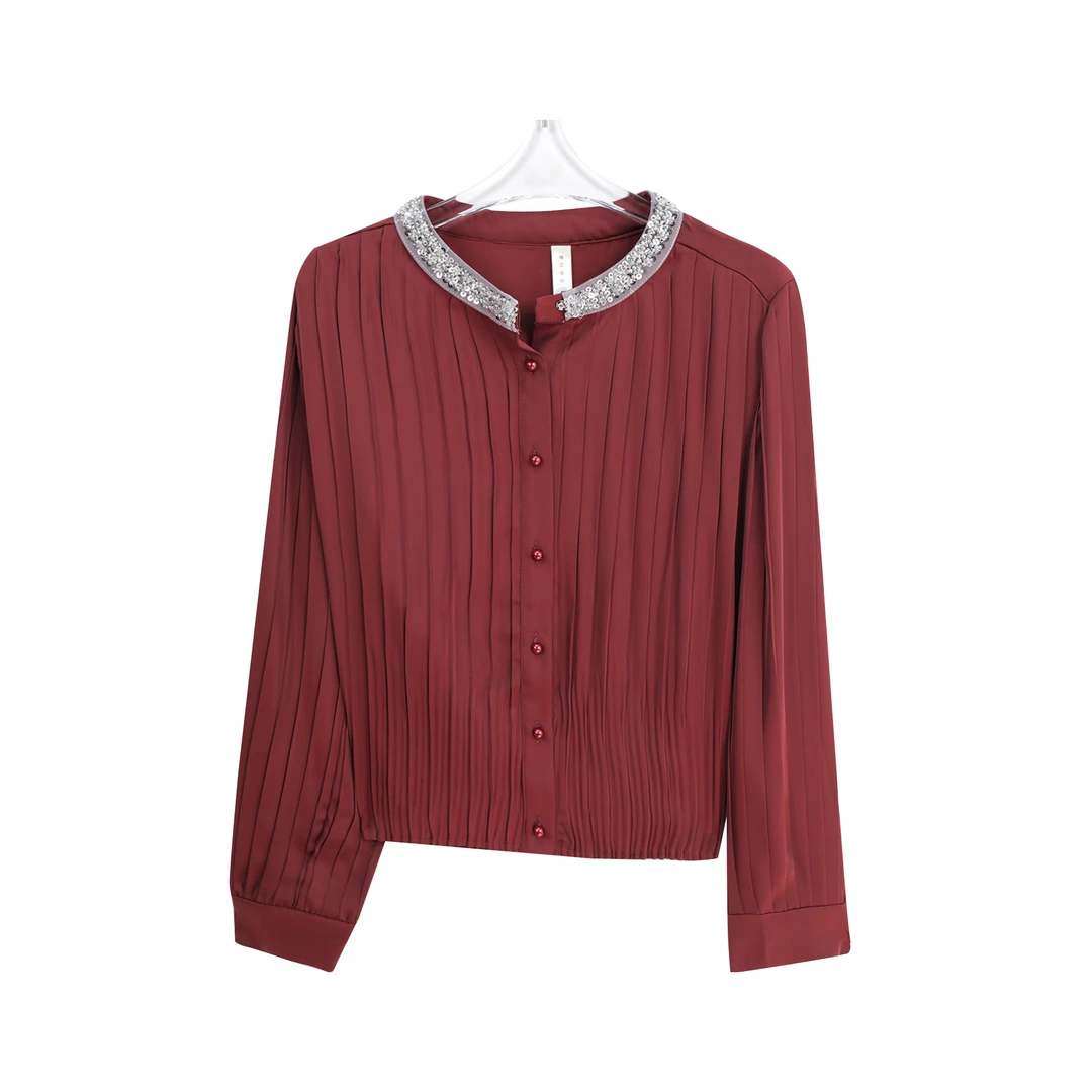 时尚气质圆领镶钻钉珠上衣设计感百褶纯色长袖衬衫C11142