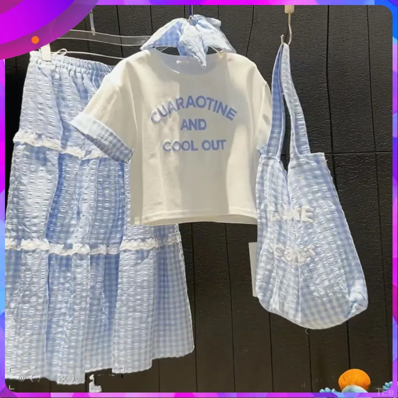 夏季新款女中大童两件套装韩系时尚爆款洋气百搭半身裙清新潮短袖