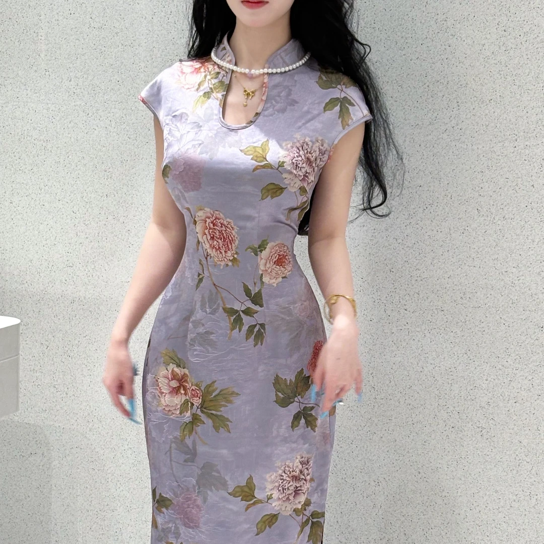 画报夫人原创自制改良贝壳袖新中式紫色中国风旗袍 仙紫令