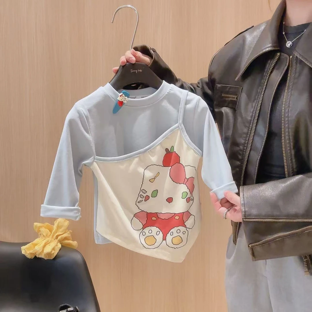 女童韩版洋气假两件打底衫2025新款儿童百搭时髦长袖T恤秋装上衣