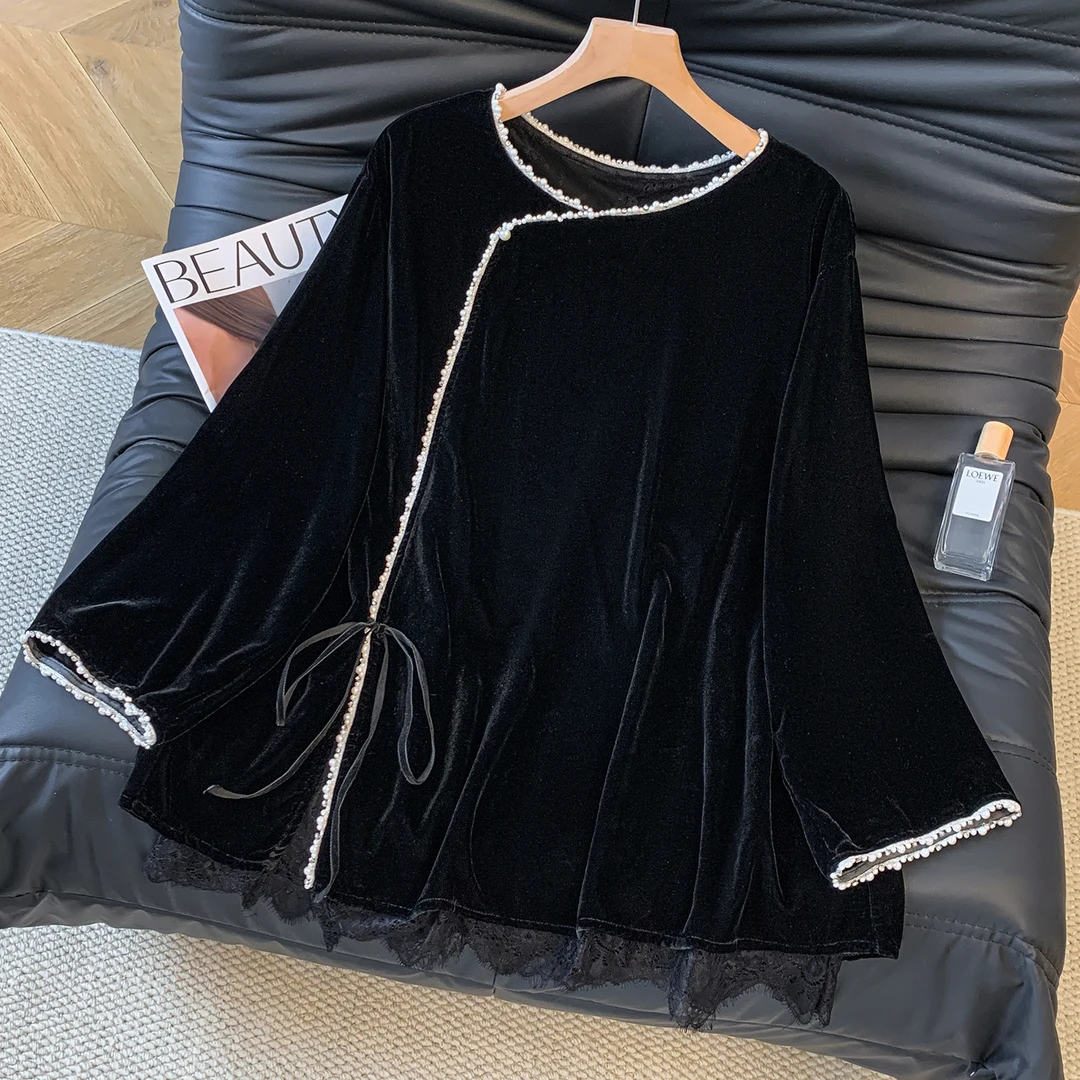 气质蕾丝钉珠假两件丝绒长袖衬衫女2025秋季时尚新款宽松大码上衣