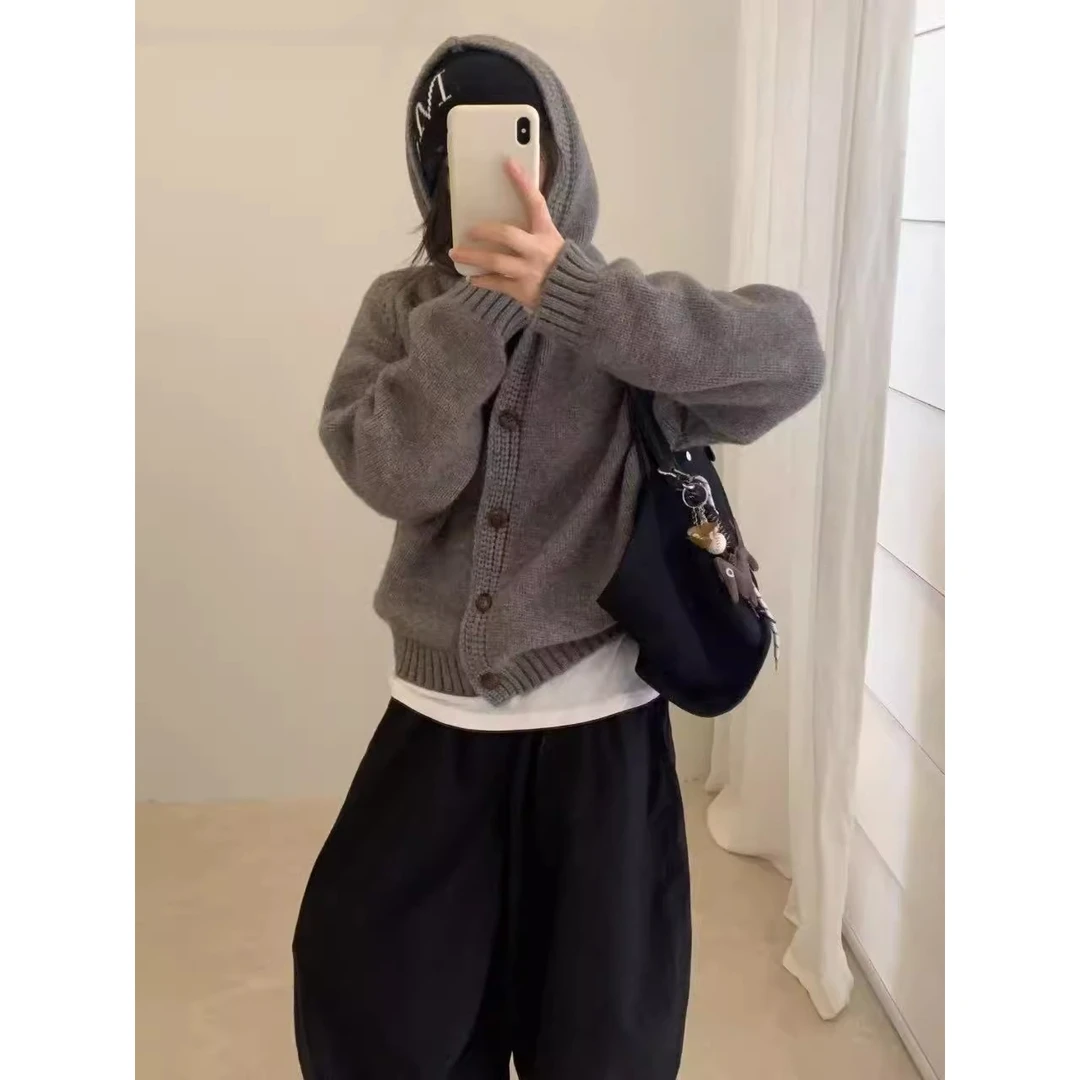 慵懒风复古连帽毛衣外套女宽松秋冬软糯带帽针织开衫上衣外穿