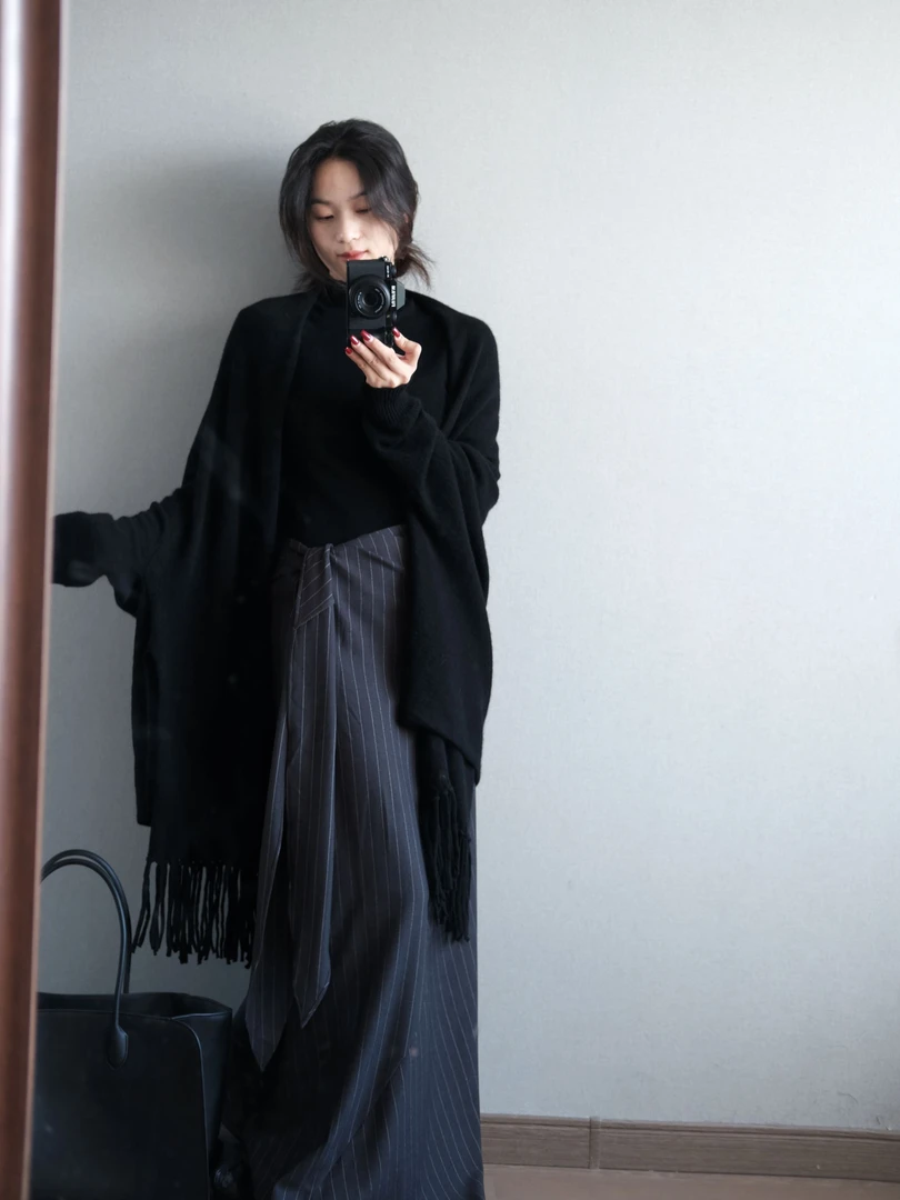 秋季新款  设计感绑带条纹长半裙