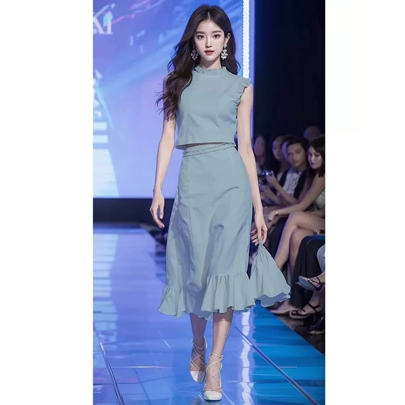 今年流行漂亮新款蓝色鱼尾半身裙五一出游穿搭套装夏装搭配一整套