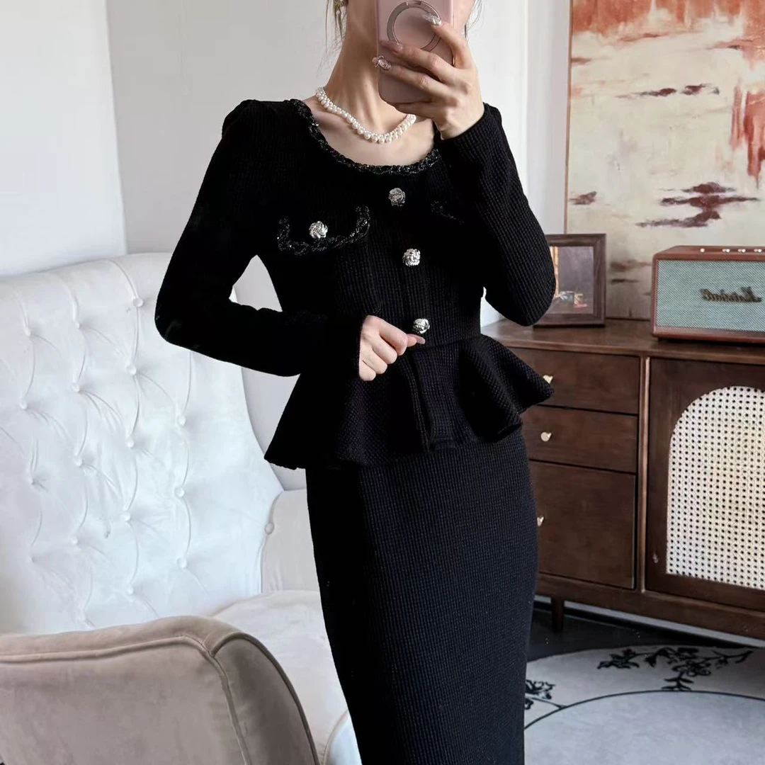 【董董】C324 COCO小姐 秋冬显瘦气质长款修身小香风连衣裙FL