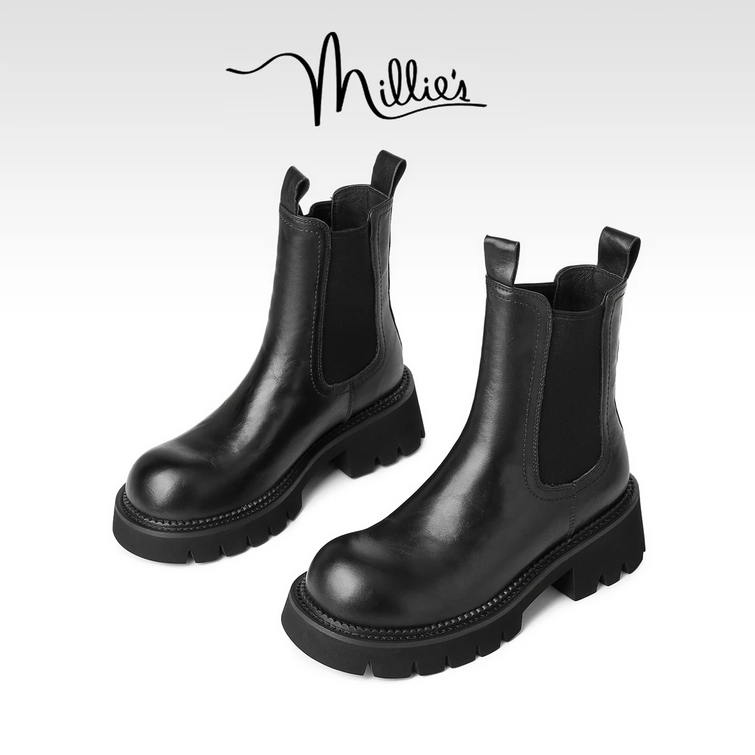 妙丽真皮厚底超火小短靴女2025年秋冬新款加绒增高显瘦烟筒马丁靴