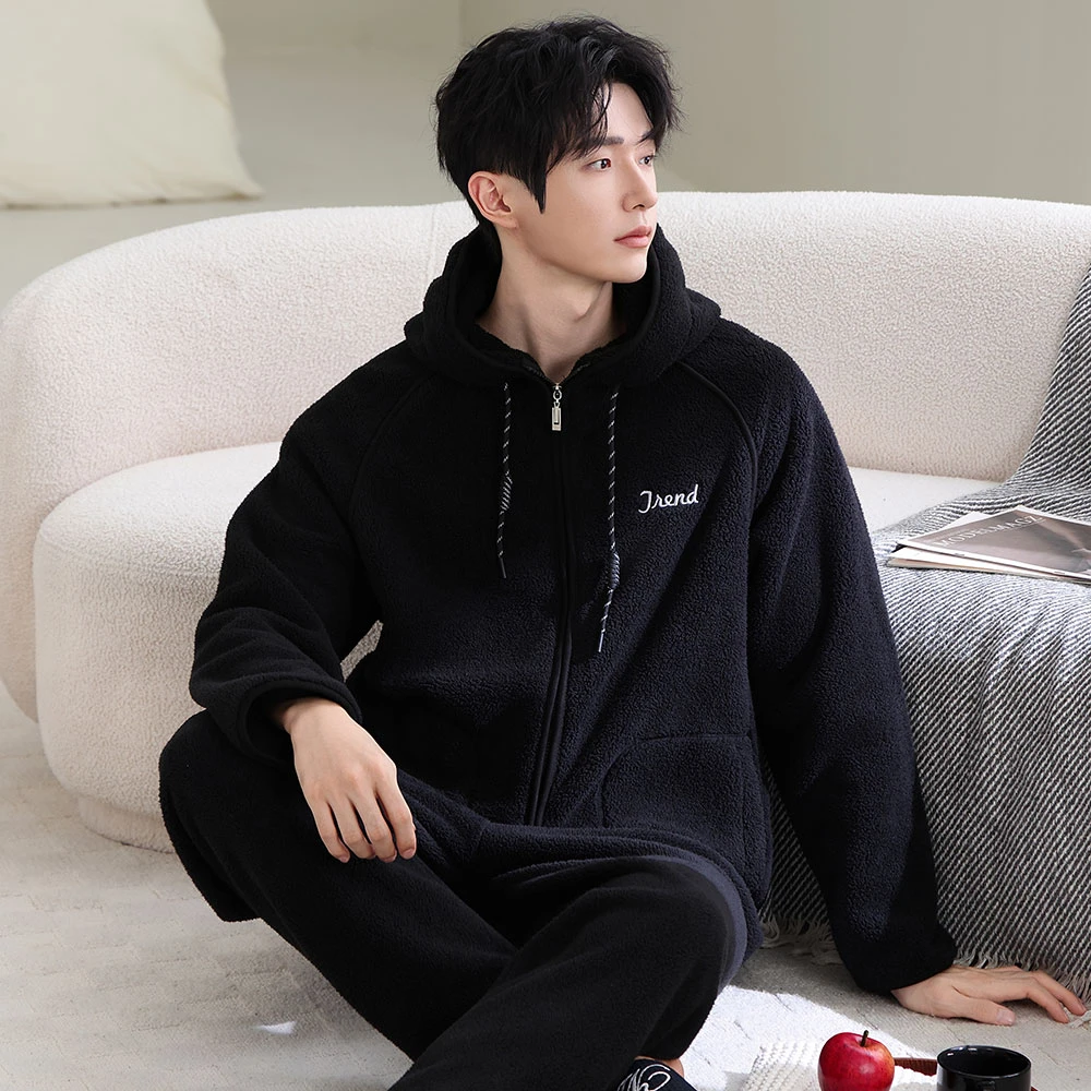 冬季休闲时尚男士家居服套装字母刺绣加绒加厚保暖连帽两件套睡衣