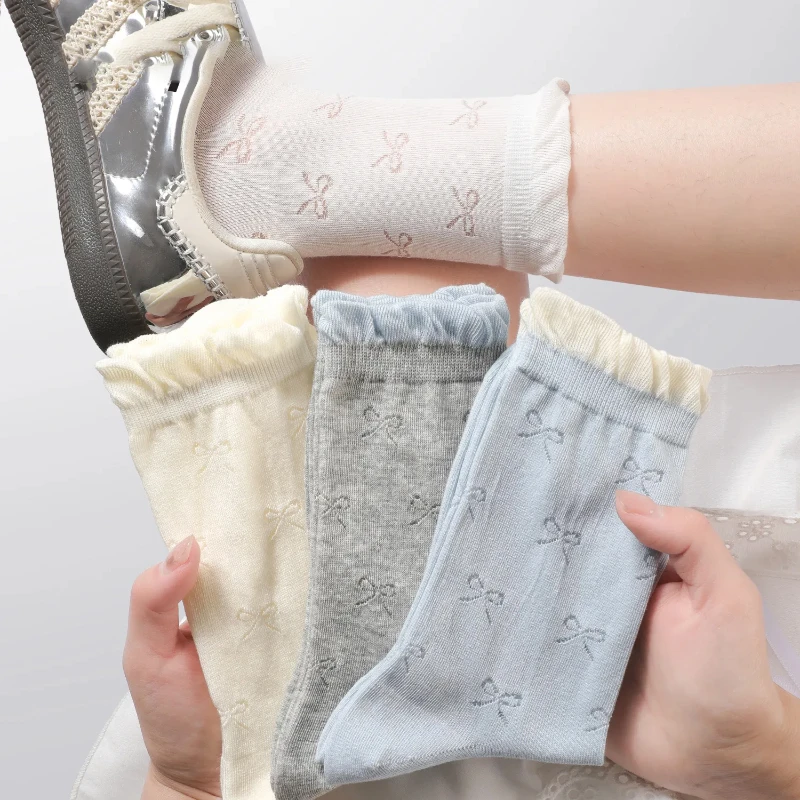堆堆袜子女夏季薄款蝴蝶结网眼镂空透气棉袜少女风泡泡花边中筒袜