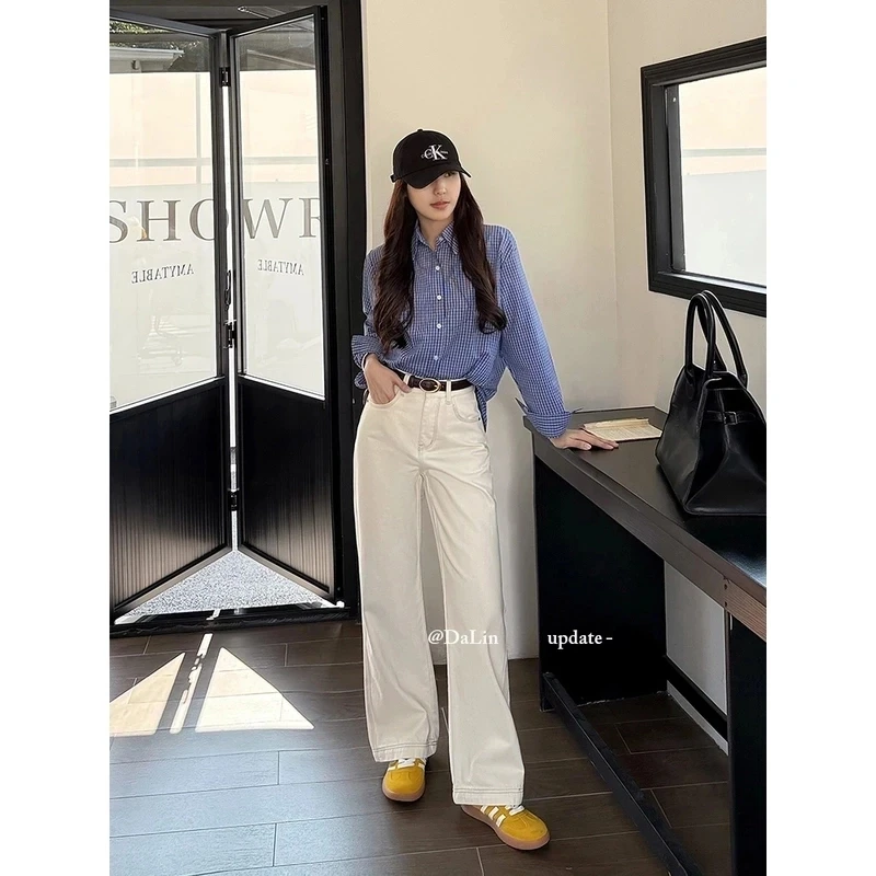 【运费险+送腰带】早春新款米杏色牛仔裤女高腰宽松显瘦窄版阔腿裤