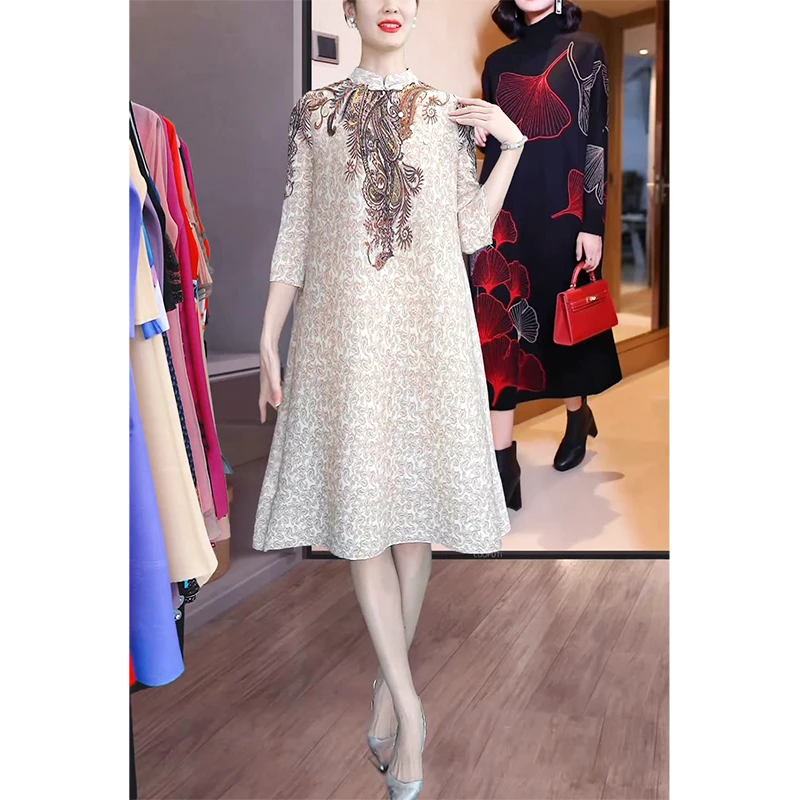 2025春季新款印花褶皱连衣裙洋气减龄宽松大码女装裙子DCA1854