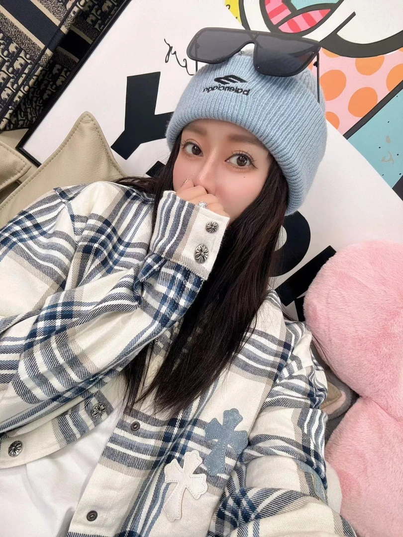 【贝贝】蓝色格子衬衫男长袖新款十字拼皮外套8029