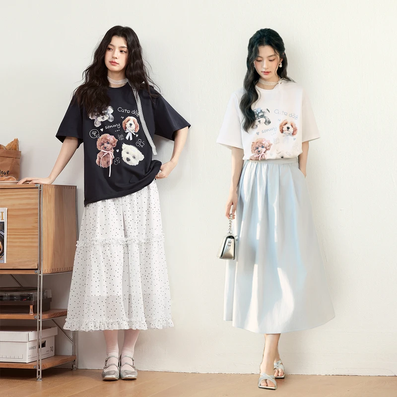 诗凡黎棉藏青狗狗印花T恤2025春新款美式百搭短袖上衣7G1200401