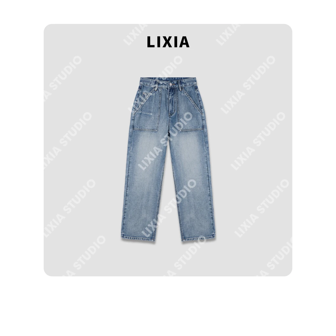 LIXIA【摩登时代】春夏ins风街头设计感水洗复古蓝色牛仔裤-D7266