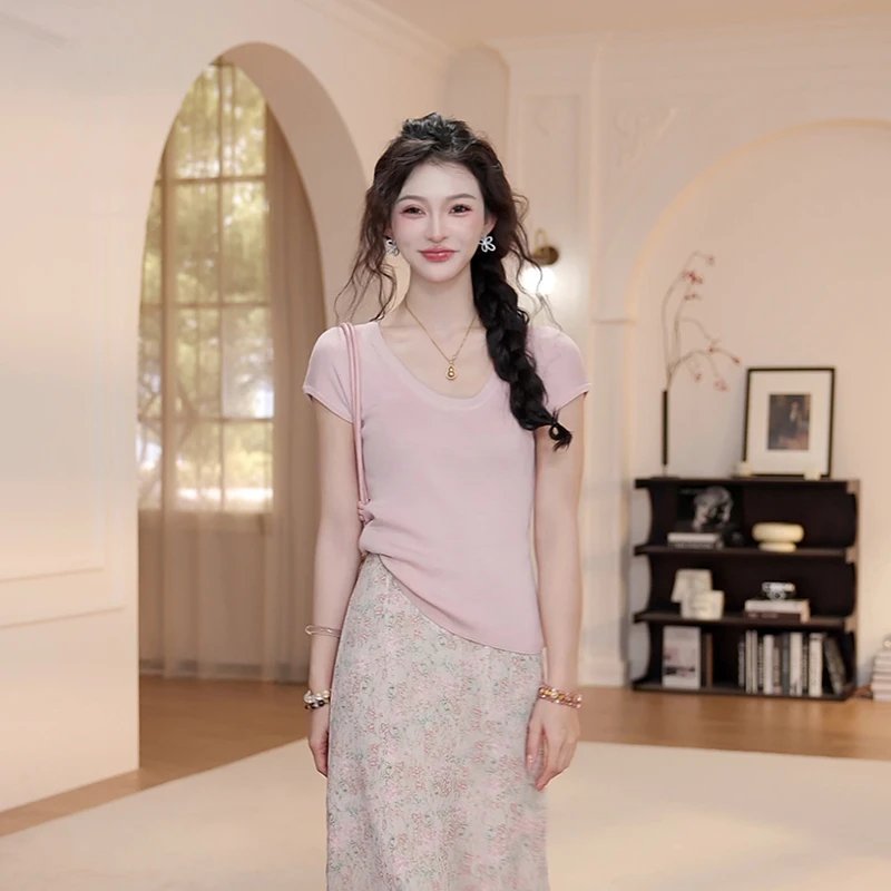 【YANYAN】夏季百搭纯色U领针织短袖YY-6022