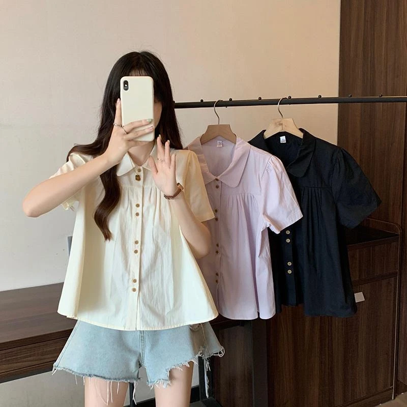 MISU/糜素娃娃领圆领宽松型女大码T恤短袖常规款简约风纽扣学院风