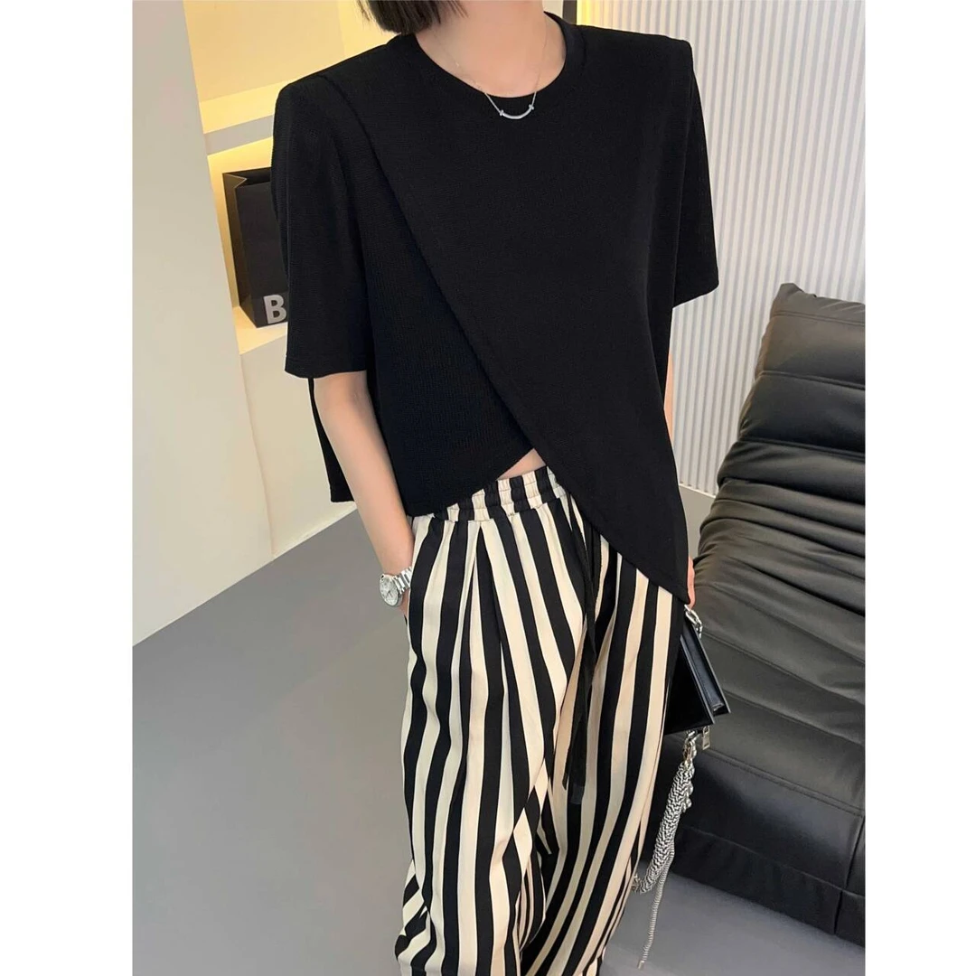 邓蕾婷【开叉斜T】显瘦时尚休闲开叉不规则宽松T恤上衣