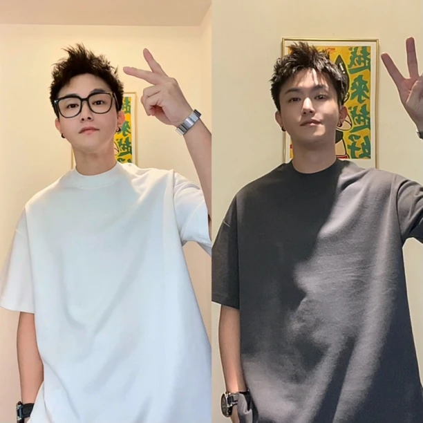 【双囍定制】320g加厚美式小领口免熨烫半袖秋季宽松轻奢痞帅男装