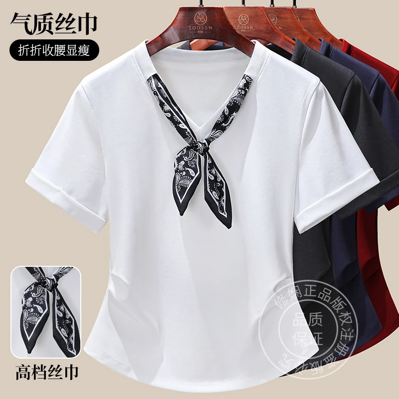 配丝巾短袖体恤女2025年夏季新款设计感小衫折折收腰显瘦女装上衣