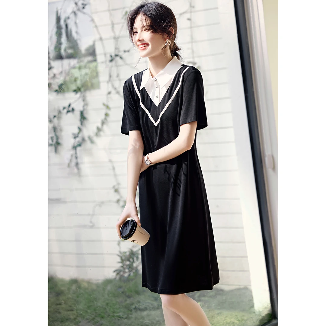 XWI/欣未2025夏季女款知性通勤撞色假两件气质翻领收腰连衣裙1277