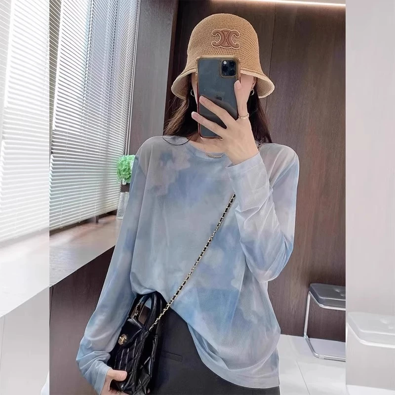 芯娇晴蓝色扎染冰丝网纱防晒罩衫女夏季薄款时尚洋气长袖t恤上衣