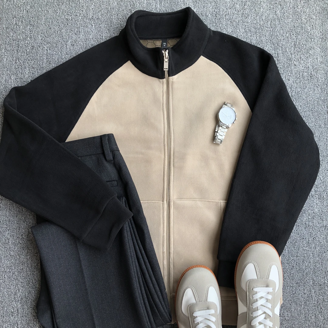 双面绒拼色夹克外套男黑科技恒温新款保暖拉链加绒加厚开衫卫衣男