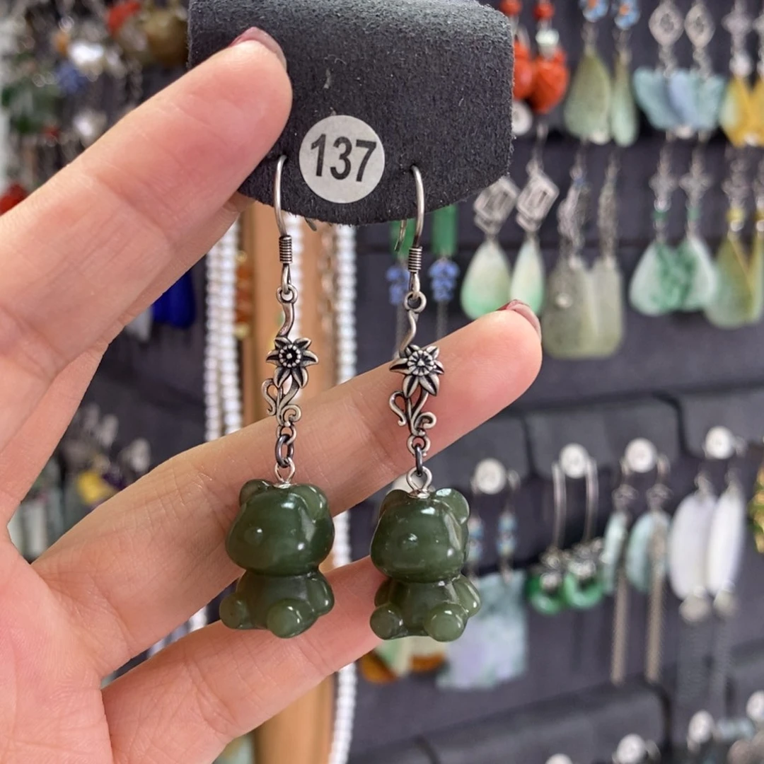 和田玉银S925镶嵌耳饰耳坠