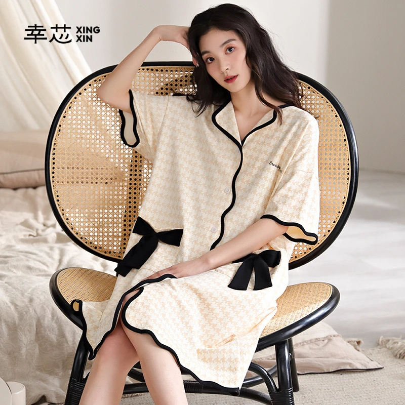 幸芯薄款纯棉中长款开衫睡裙夏季甜美大码家居服夏天休闲连衣裙女
