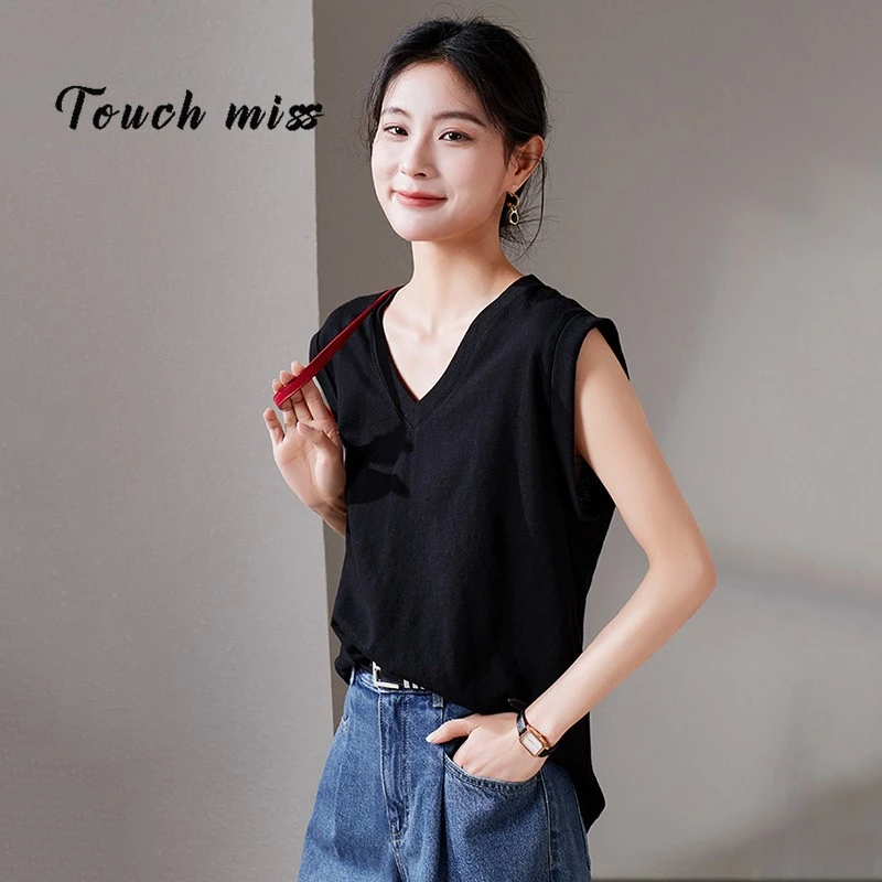 TOUCH MISS夏季背心上衣女2025新款纯色V领显瘦宽松百搭套头T恤潮