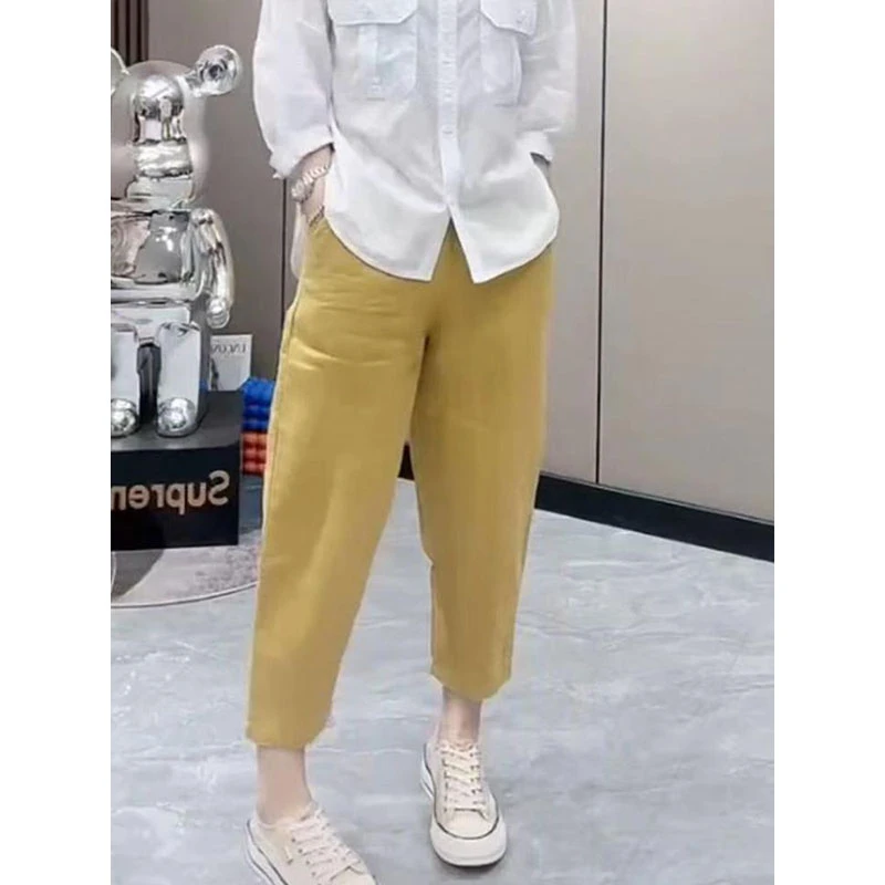 2025夏季薄款大码百搭显瘦八分麻裤女时尚洋气宽松直筒哈伦休闲裤