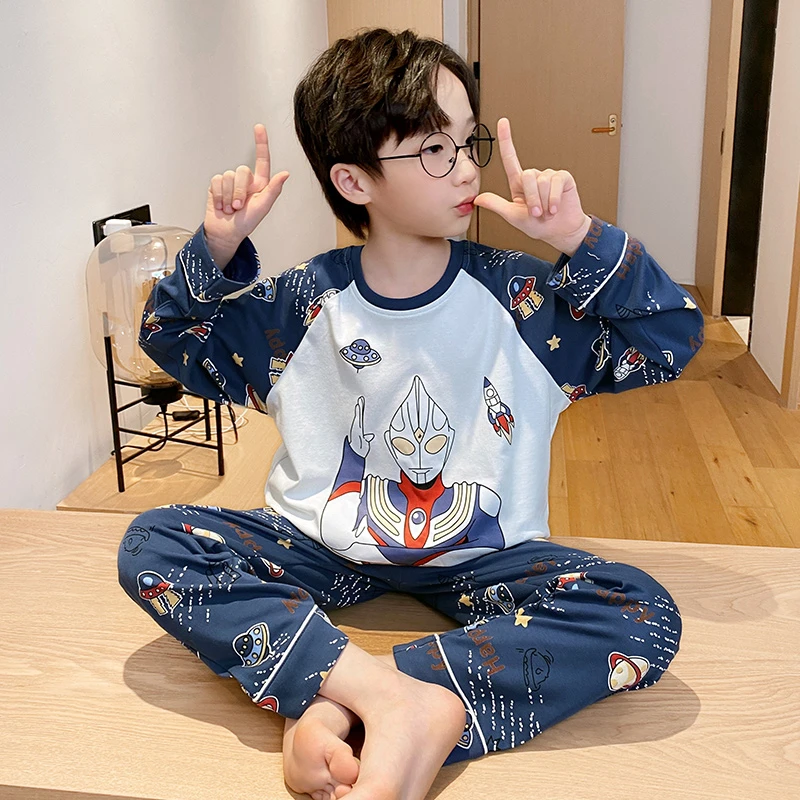 伊束姿儿童睡衣青少年男童中大童纯棉初中生长袖春秋季宝宝家居服