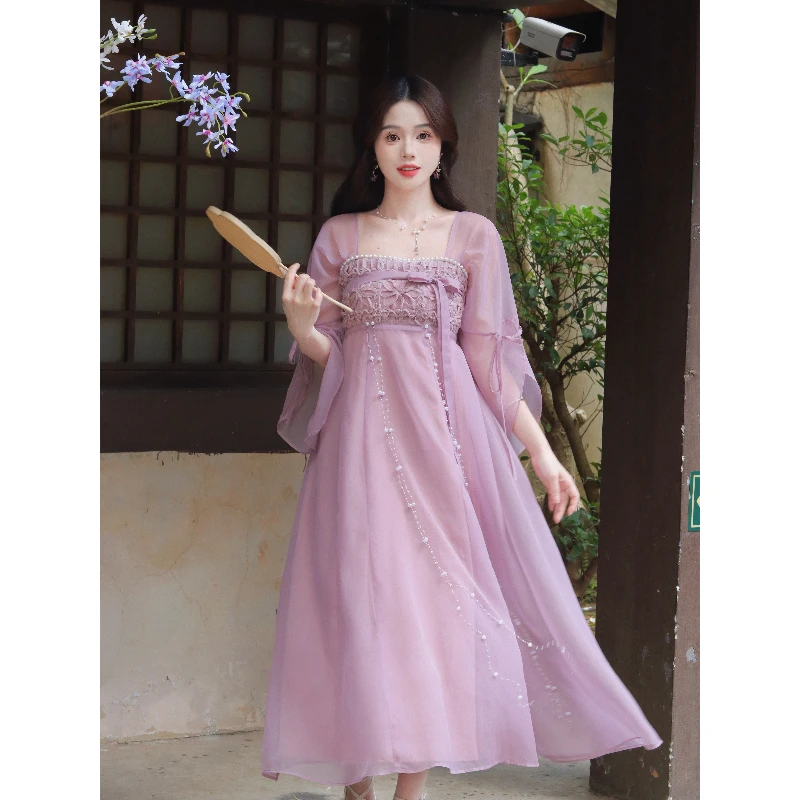 瑶西【沐仙池】紫色领口立体提花蝴蝶袖仙气飘逸新中式汉服连衣裙