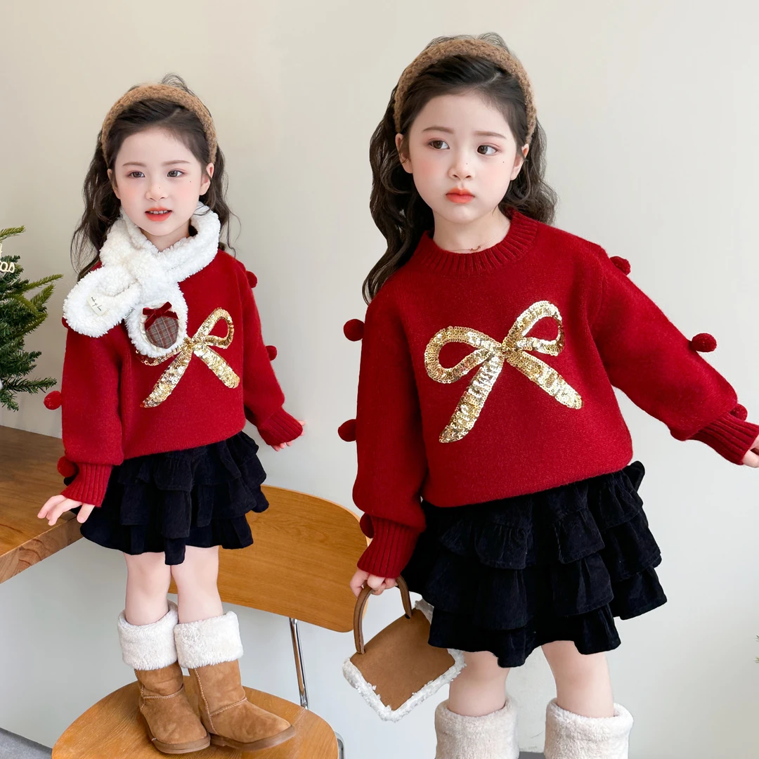 中小童冬装洋气蝴蝶结毛球毛衣2025新款儿童时尚女宝宝针织毛线衣