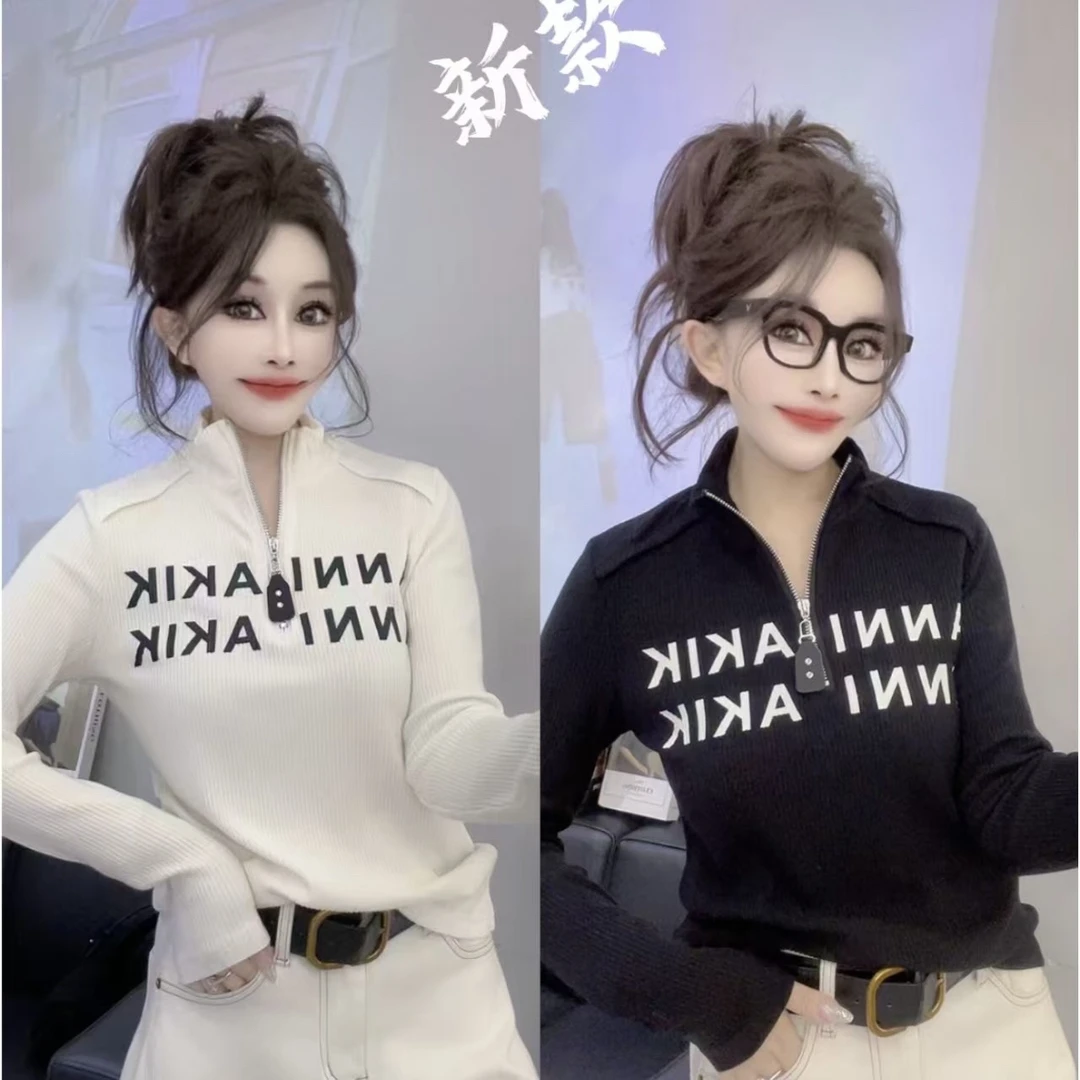 欧洲站2025冬季新款字母印花拼接拉链贴布t恤女时尚洋气百搭上衣