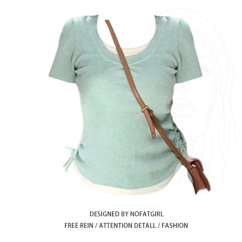 大码胖妹妹海岛热恋女春夏季新款撞色圆领抽褶假两件针织T恤上衣