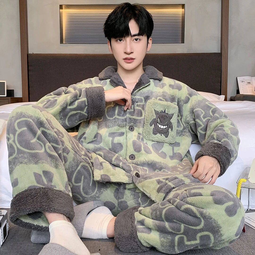 珊瑚绒男士睡衣冬季潮流加厚加绒法兰绒青少年学生大码家居服套装