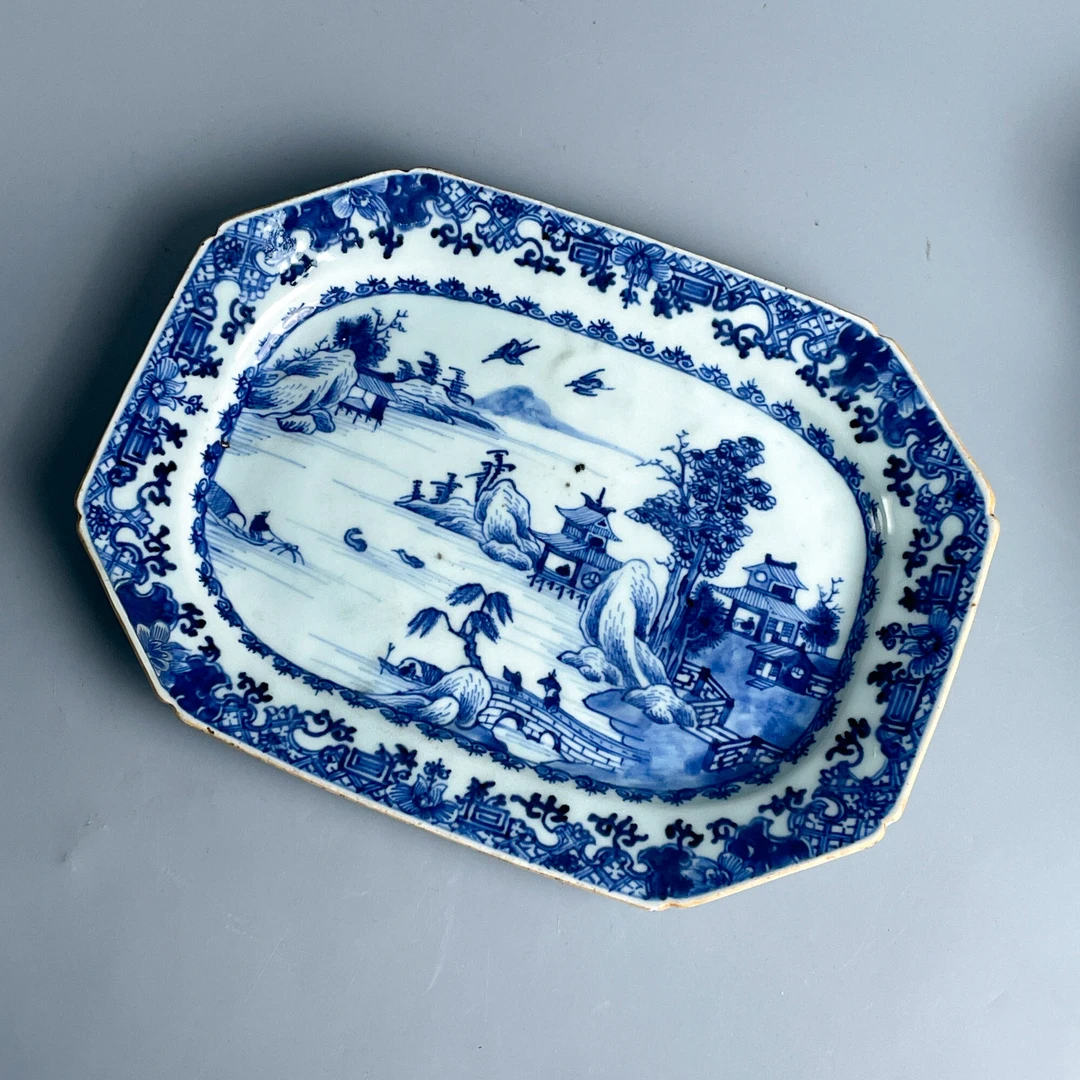 青花瓷/古董乾隆亭台楼阁八方盘M25BM001108古玩收藏/文物/绣花张