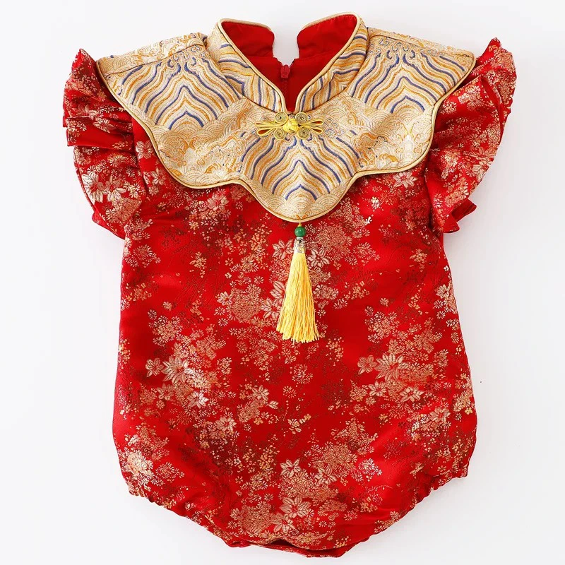 女宝宝包屁衣周岁礼服中式唐装旗袍百日宴抓周服婴幼儿生日裙红色