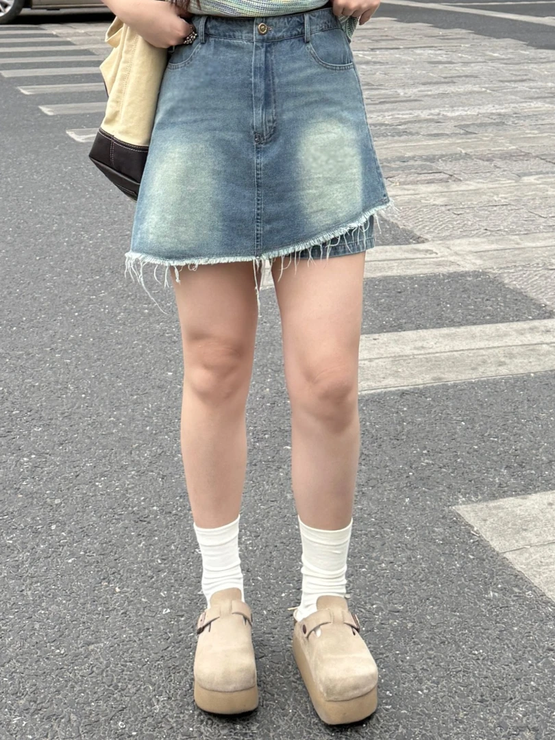 特大码女装复古水洗牛仔裙裤胖mm显瘦短裙宽松百搭牛仔短裤半身裙