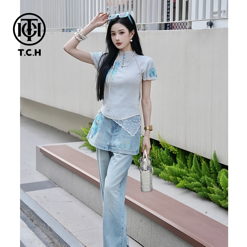 TCH现货私服烫钻高级感小熊针织衫春夏季T恤女T75A09E5063轻奢tch