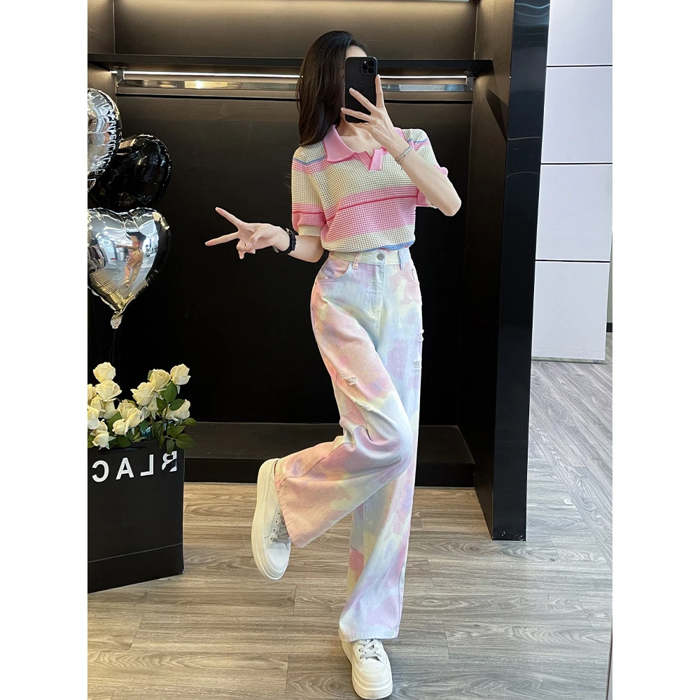 夏季新款网红条纹针织衫配休闲牛仔裤棉质时尚两件套气质女装日