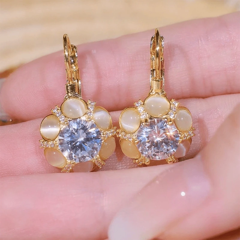 铜合金锆石耳饰 猫眼石花朵耳扣小众气质耳环2025新款耳坠耳饰