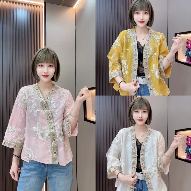 敏宝儿➕389春季新中式时尚潮流气质百搭斜襟分袖薄款上衣国风