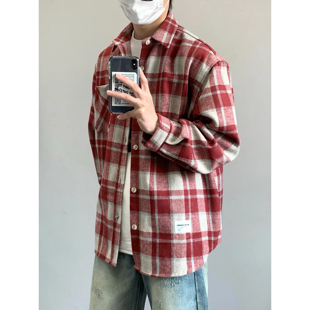 XANYP 秋季复古磨毛格子衬衫男士美式休闲长袖宽松百搭衬衣外套潮