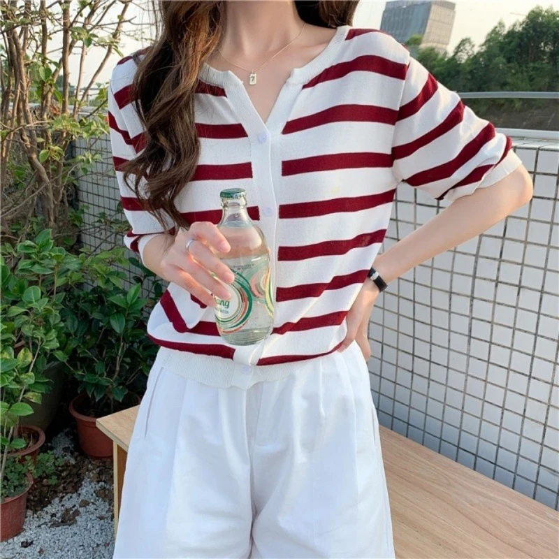 夏季新款女士针织短袖韩版条纹全棉时尚开衫外搭上衣