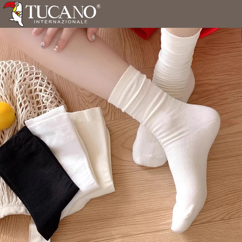 白色堆堆袜子女春秋款纯棉中筒袜ins潮黑色美腿显瘦无骨月子长袜